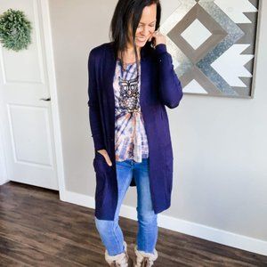 NEW Cielo Long Open Front Cardigan Sweater with Pockets Navy Blue sz 2XL